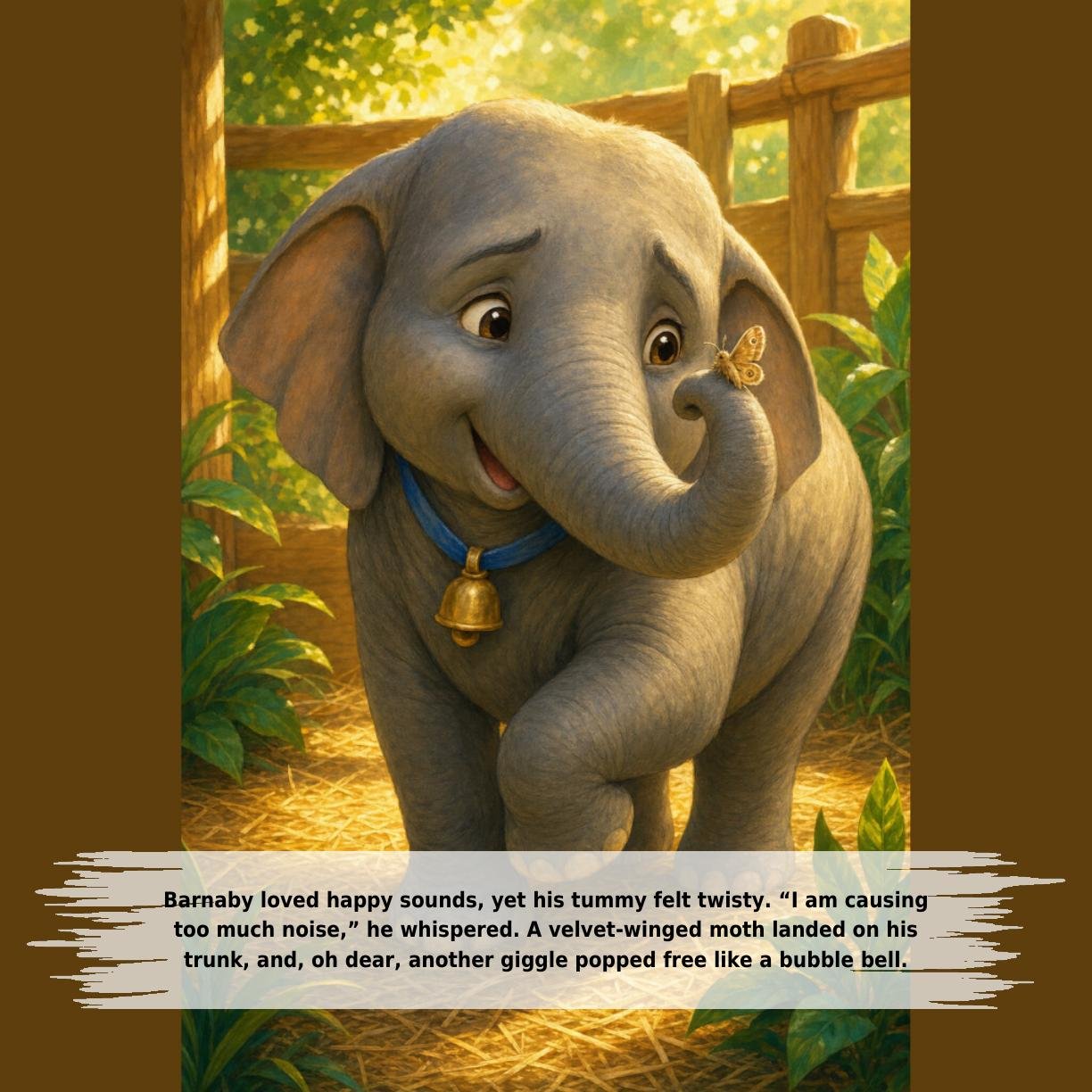 Barnaby loved happy sounds, yet his tummy felt twisty. “I am causing
too much noise,” he whispered. A velvet-winged moth landed on his
trunk, and, oh dear, another giggle popped free like a bubble bell.
