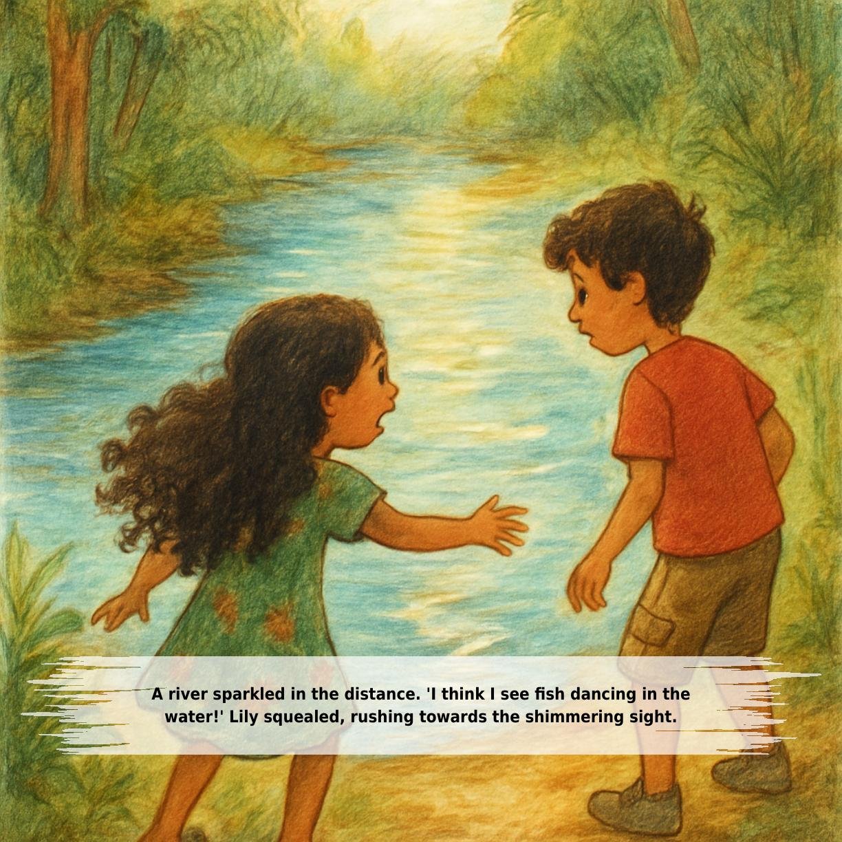 A river sparkled in the distance. 'I think I see fish dancing in the
water!' Lily squealed, rushing towards the shimmering sight.
