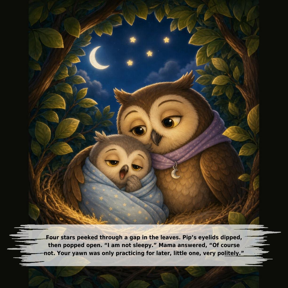 Four stars peeked through a gap in the leaves. Pip’s eyelids dipped,
then popped open. “I am not sleepy.” Mama answered, “Of course
not. Your yawn was only practicing for later, little one, very politely.”