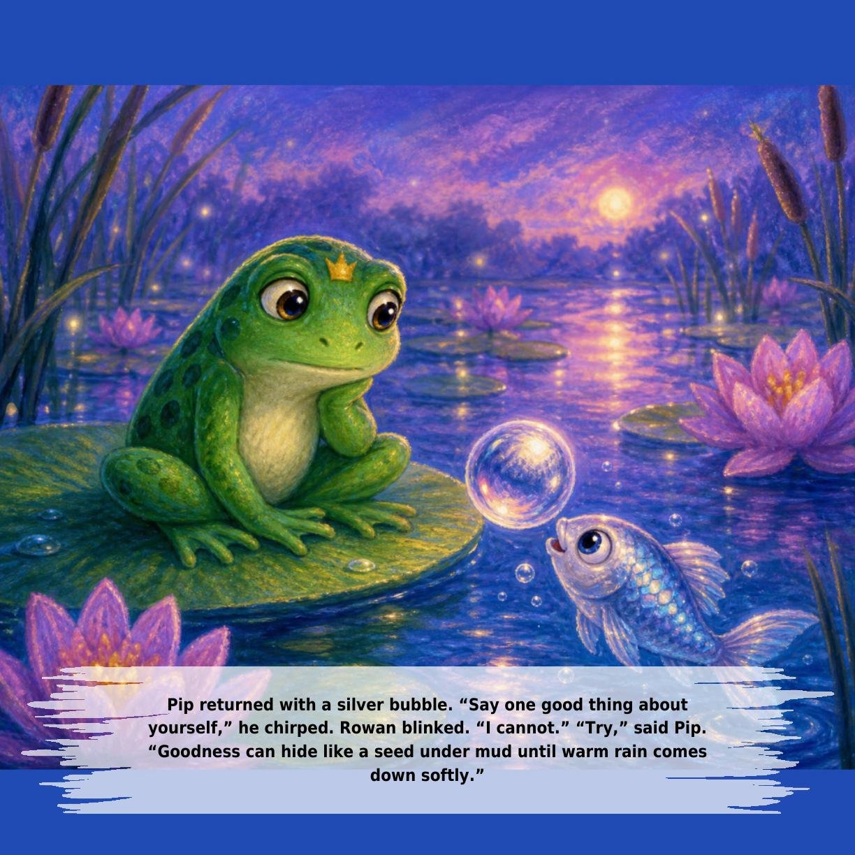 Pip returned with a silver bubble. “Say one good thing about
yourself,” he chirped. Rowan blinked. “I cannot.” “Try,” said Pip.
“Goodness can hide like a seed under mud until warm rain comes
down softly.”