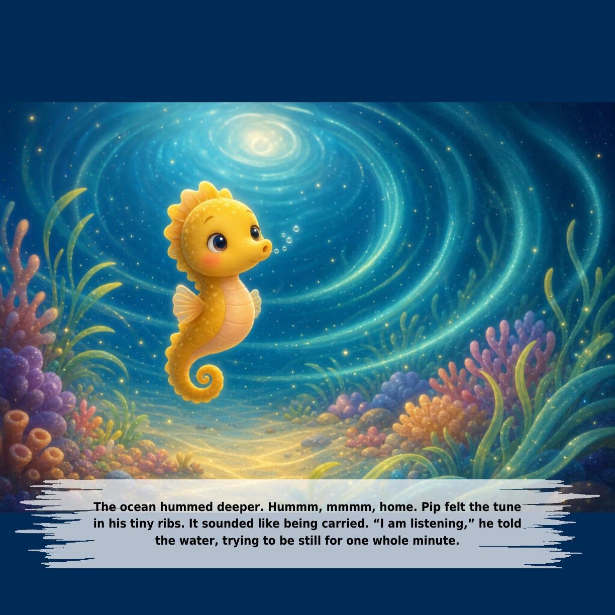 The ocean hummed deeper. Hummm, mmmm, home. Pip felt the tune
in his tiny ribs. It sounded like being carried. “I am listening,” he told
the water, trying to be still for one whole minute.