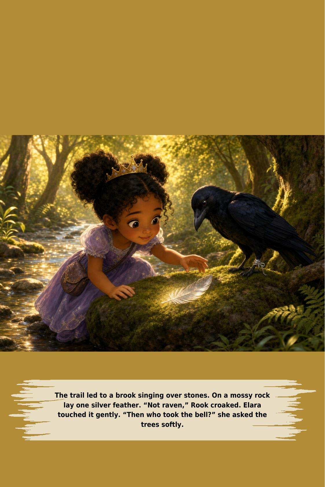 The trail led to a brook singing over stones. On a mossy rock
lay one silver feather. “Not raven,” Rook croaked. Elara
touched it gently. “Then who took the bell?” she asked the
trees softly.