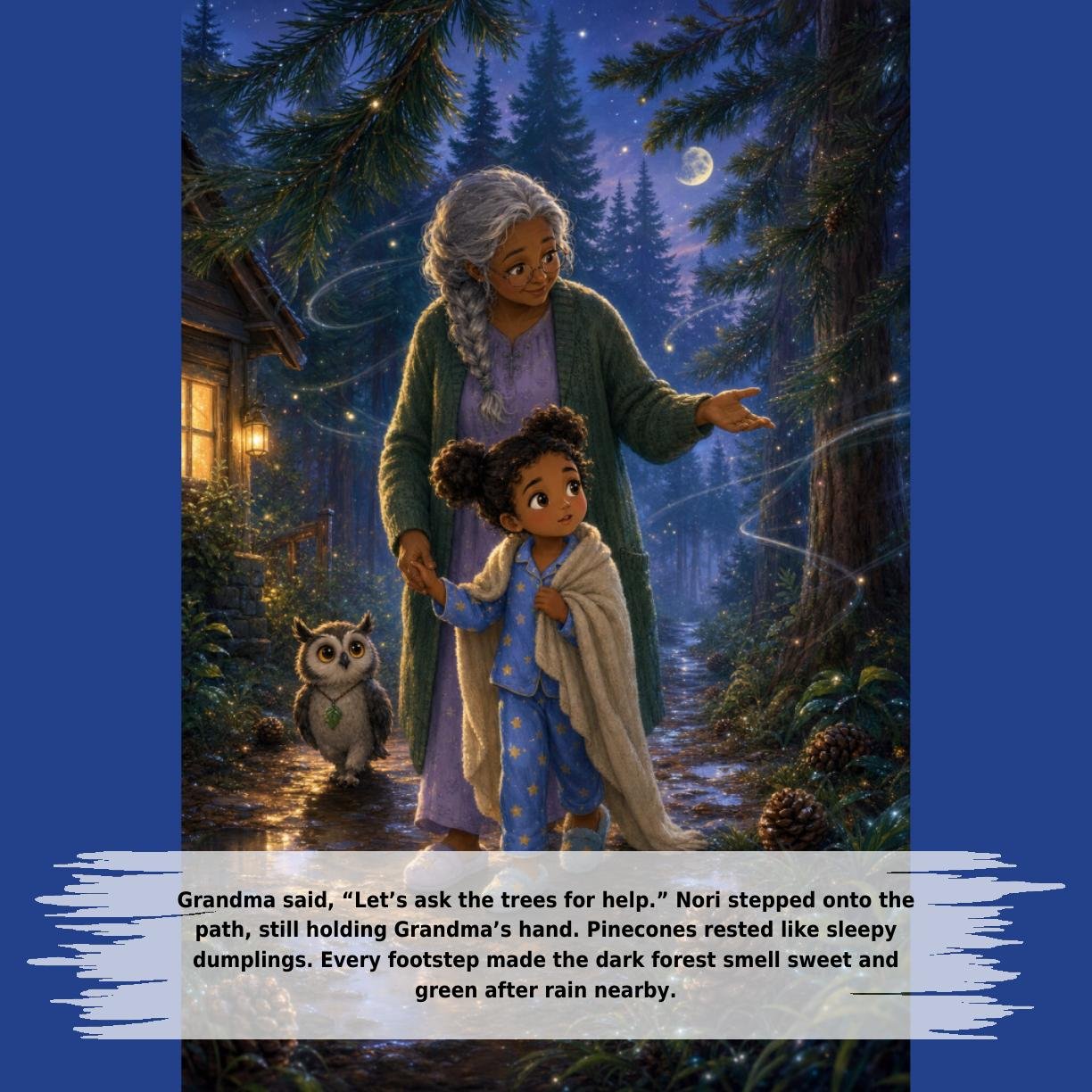 Grandma said, “Let’s ask the trees for help.” Nori stepped onto the
path, still holding Grandma’s hand. Pinecones rested like sleepy
dumplings. Every footstep made the dark forest smell sweet and
green after rain nearby.