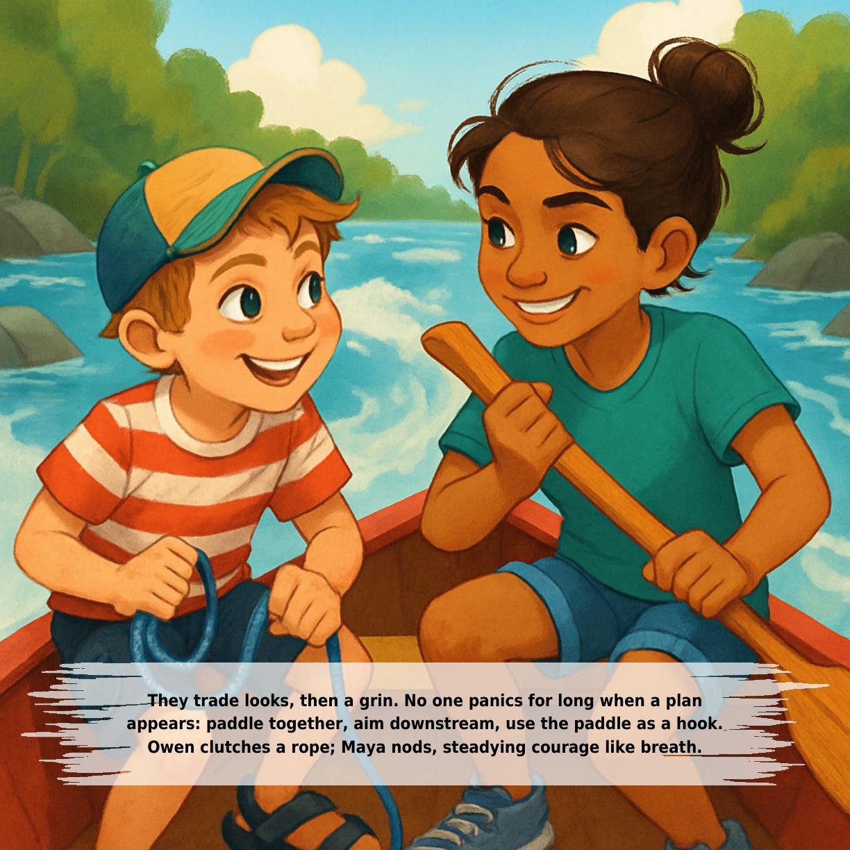 They trade looks, then a grin. No one panics for long when a plan
appears: paddle together, aim downstream, use the paddle as a hook.
Owen clutches a rope; Maya nods, steadying courage like breath.