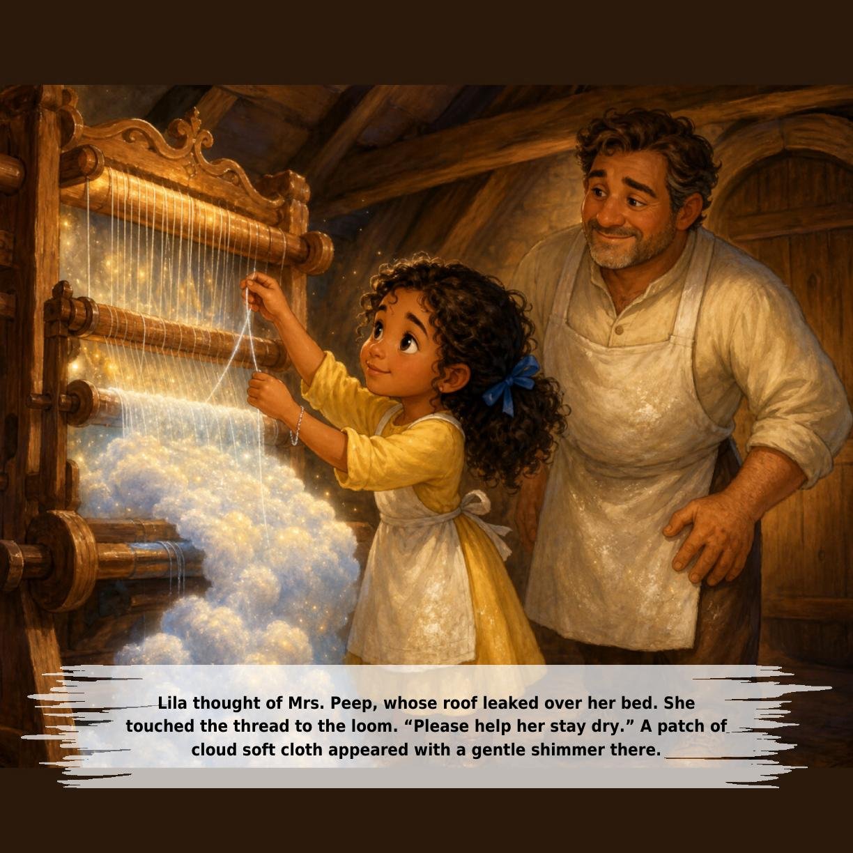 Lila thought of Mrs. Peep, whose roof leaked over her bed. She
touched the thread to the loom. “Please help her stay dry.” A patch of
cloud soft cloth appeared with a gentle shimmer there.