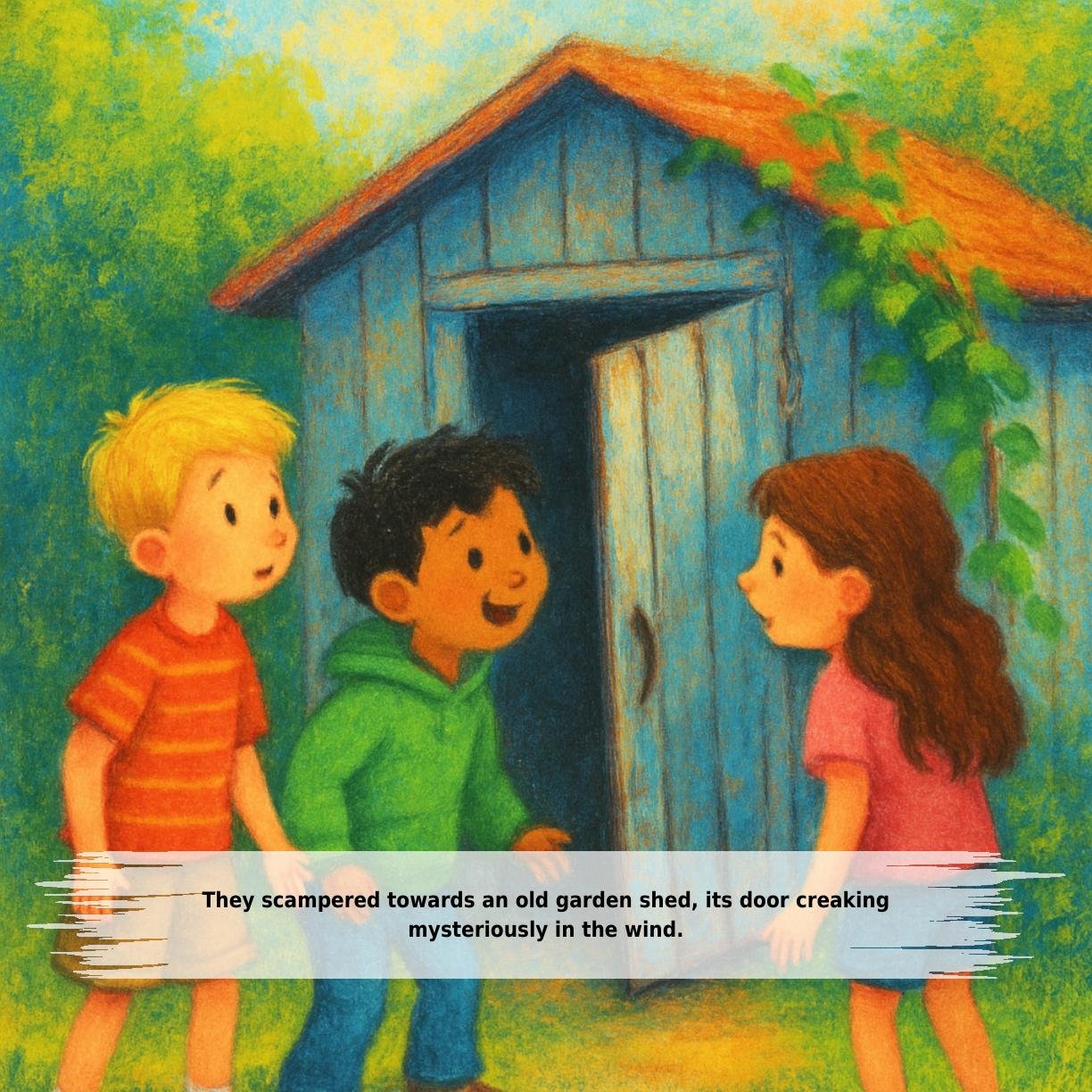 They scampered towards an old garden shed, its door creaking
mysteriously in the wind.
