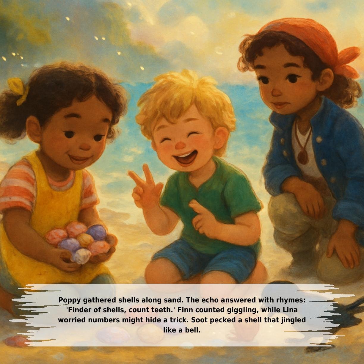 Poppy gathered shells along sand. The echo answered with rhymes:
'Finder of shells, count teeth.' Finn counted giggling, while Lina
worried numbers might hide a trick. Soot pecked a shell that jingled
like a bell.