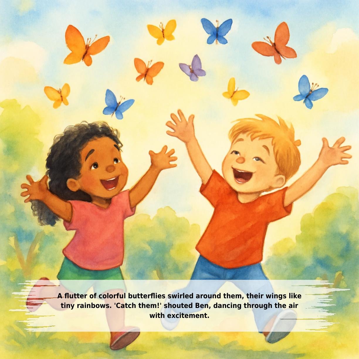 A flutter of colorful butterflies swirled around them, their wings like
tiny rainbows. 'Catch them!' shouted Ben, dancing through the air
with excitement.