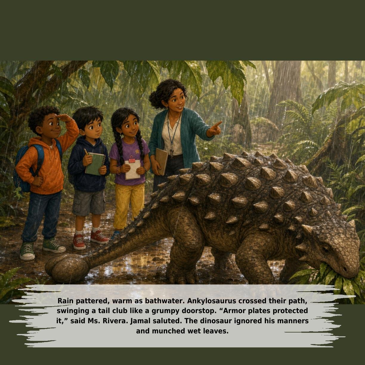 Rain pattered, warm as bathwater. Ankylosaurus crossed their path,
swinging a tail club like a grumpy doorstop. “Armor plates protected
it,” said Ms. Rivera. Jamal saluted. The dinosaur ignored his manners
and munched wet leaves.