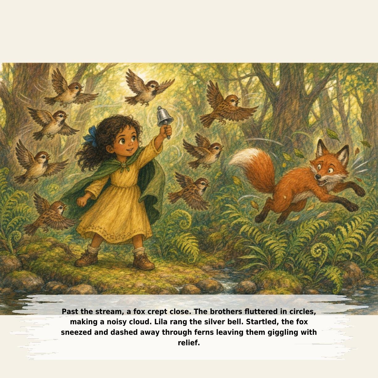 Past the stream, a fox crept close. The brothers fluttered in circles,
making a noisy cloud. Lila rang the silver bell. Startled, the fox
sneezed and dashed away through ferns leaving them giggling with
relief.
