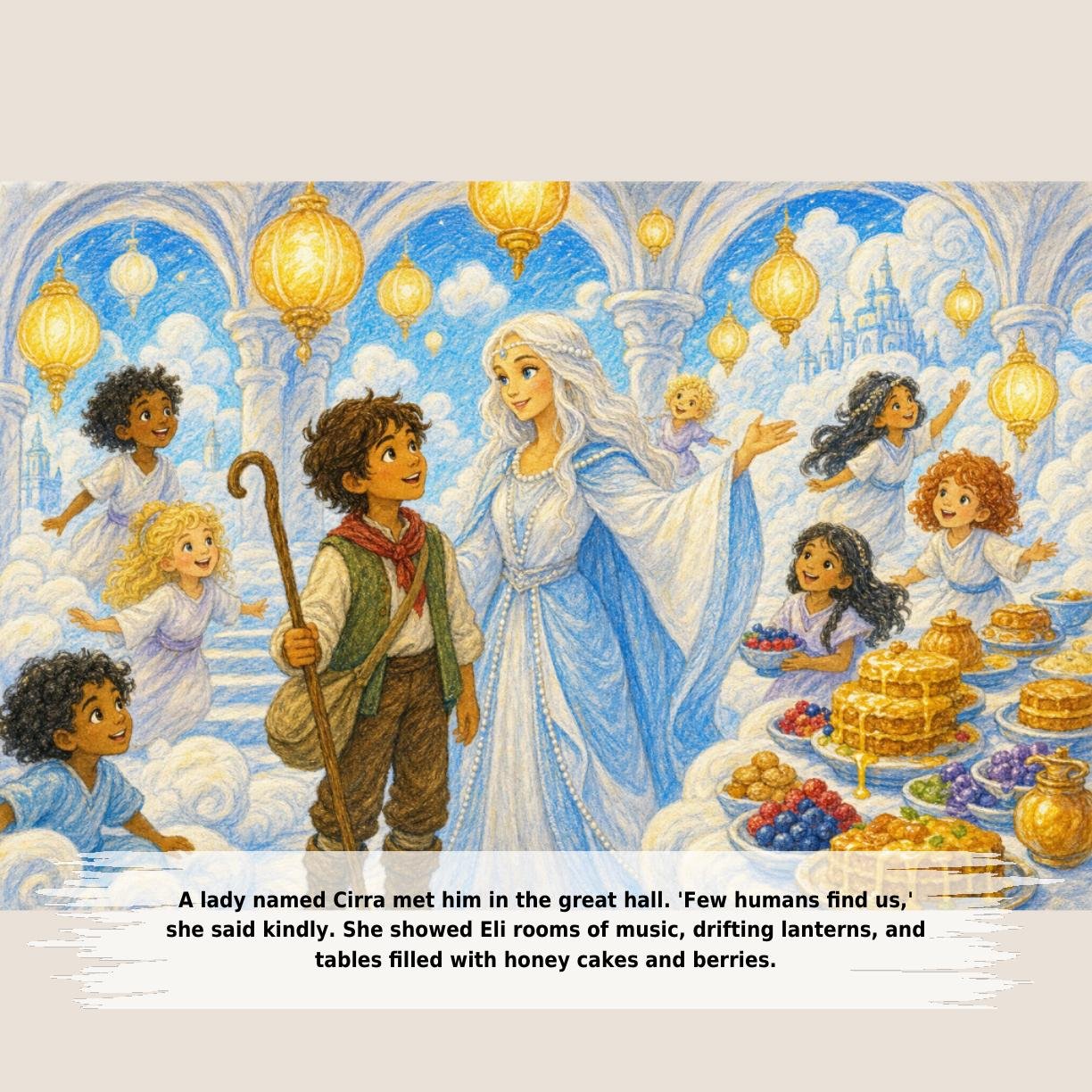 A lady named Cirra met him in the great hall. 'Few humans find us,'
she said kindly. She showed Eli rooms of music, drifting lanterns, and
tables filled with honey cakes and berries.