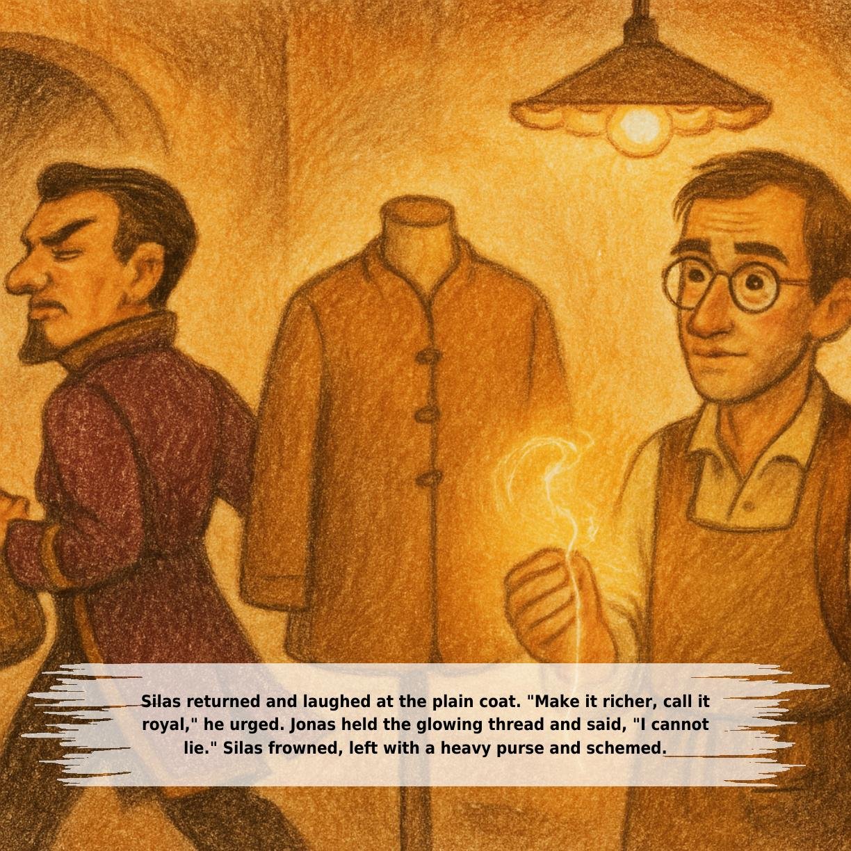 Silas returned and laughed at the plain coat. "Make it richer, call it
royal," he urged. Jonas held the glowing thread and said, "I cannot
lie." Silas frowned, left with a heavy purse and schemed.