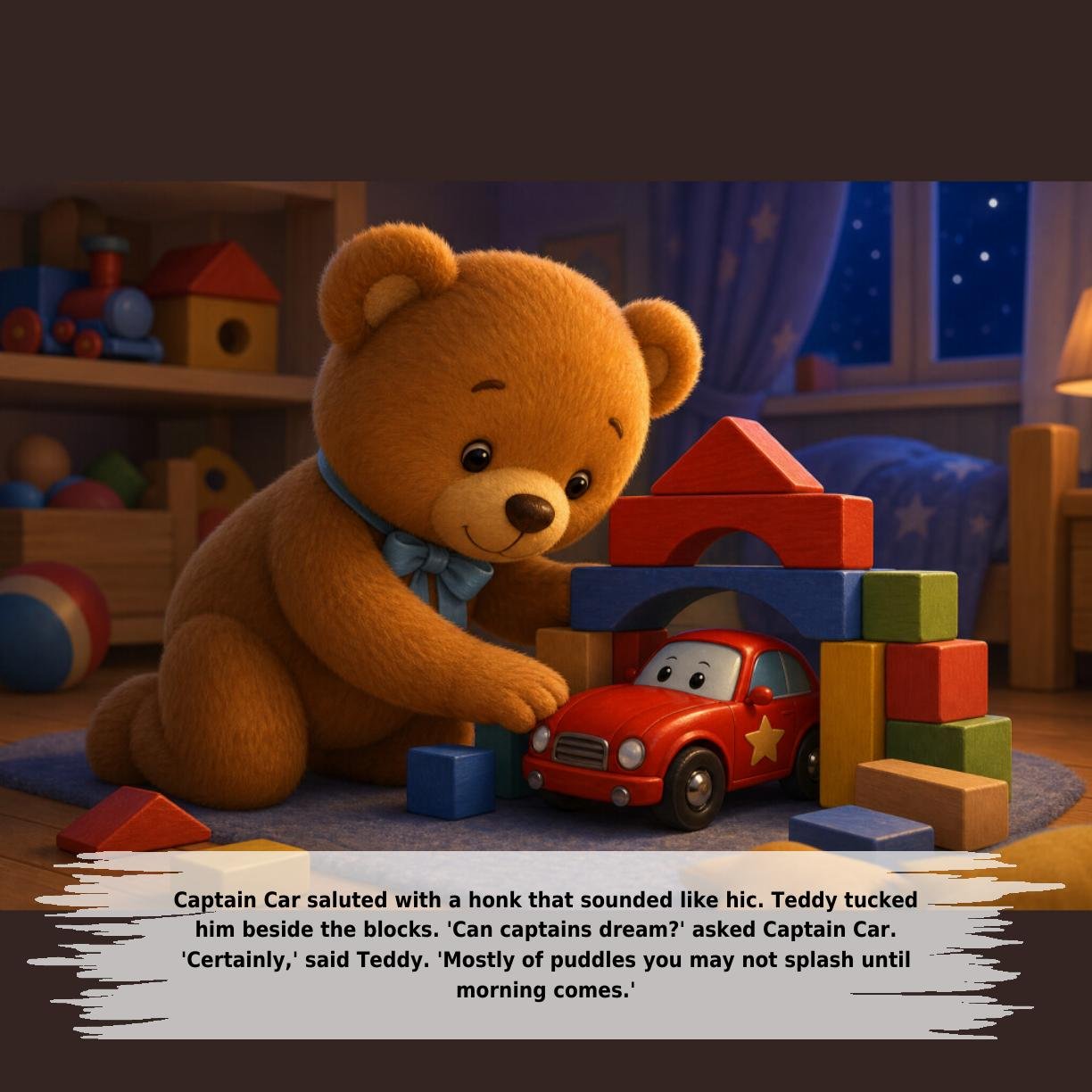 Captain Car saluted with a honk that sounded like hic. Teddy tucked
him beside the blocks. 'Can captains dream?' asked Captain Car.
'Certainly,' said Teddy. 'Mostly of puddles you may not splash until
morning comes.'