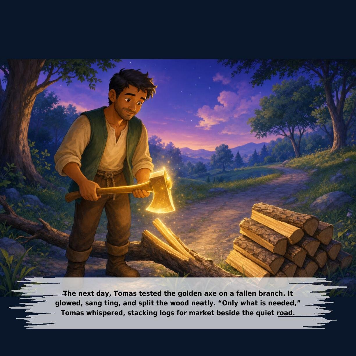 The next day, Tomas tested the golden axe on a fallen branch. It
glowed, sang ting, and split the wood neatly. “Only what is needed,”
Tomas whispered, stacking logs for market beside the quiet road.