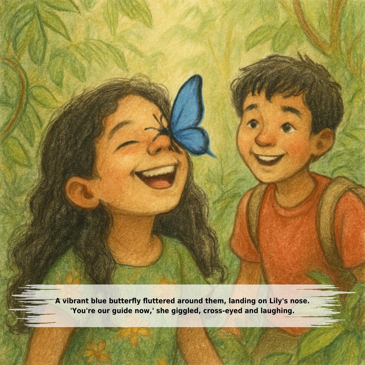 A vibrant blue butterfly fluttered around them, landing on Lily's nose.
'You're our guide now,' she giggled, cross-eyed and laughing.