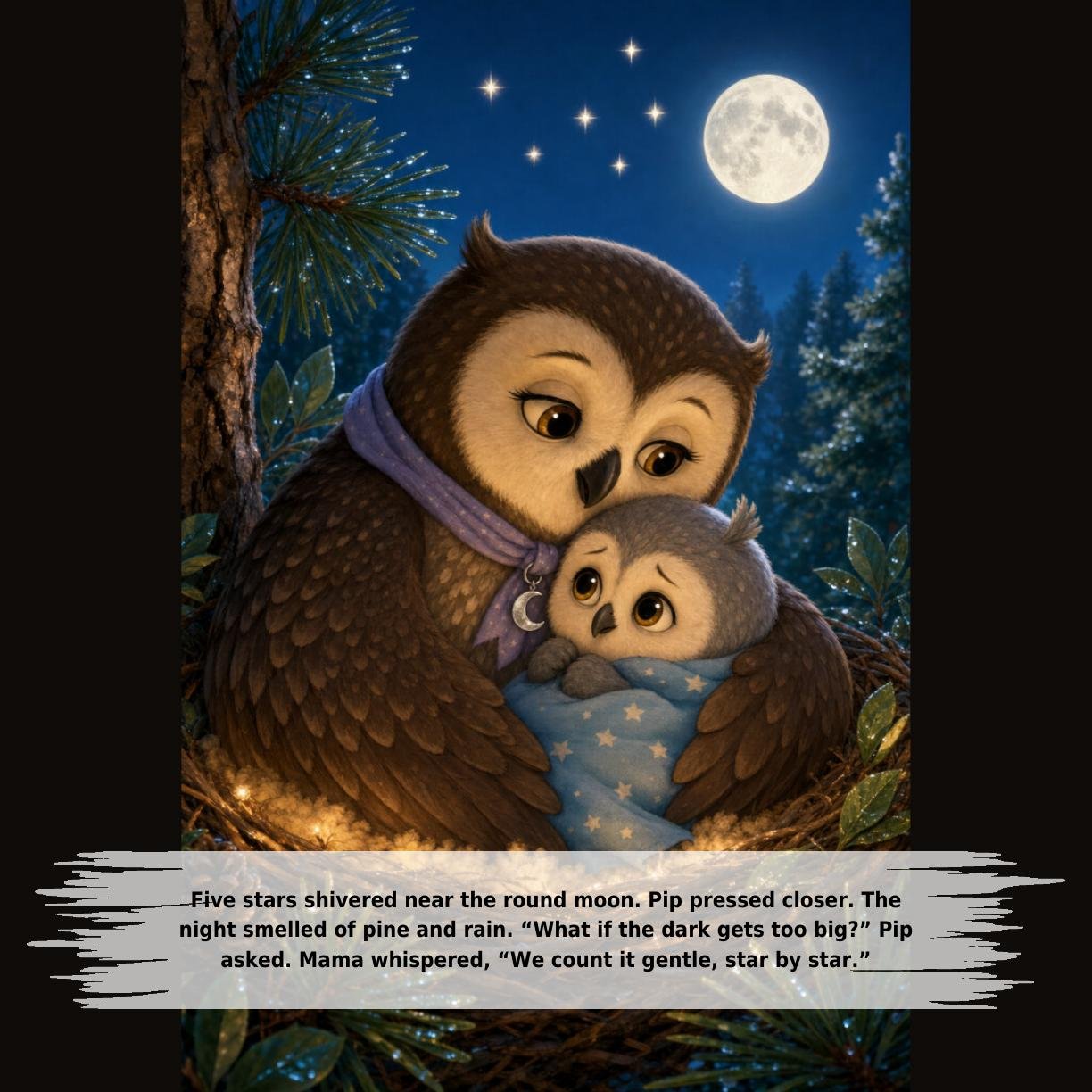 Five stars shivered near the round moon. Pip pressed closer. The
night smelled of pine and rain. “What if the dark gets too big?” Pip
asked. Mama whispered, “We count it gentle, star by star.”