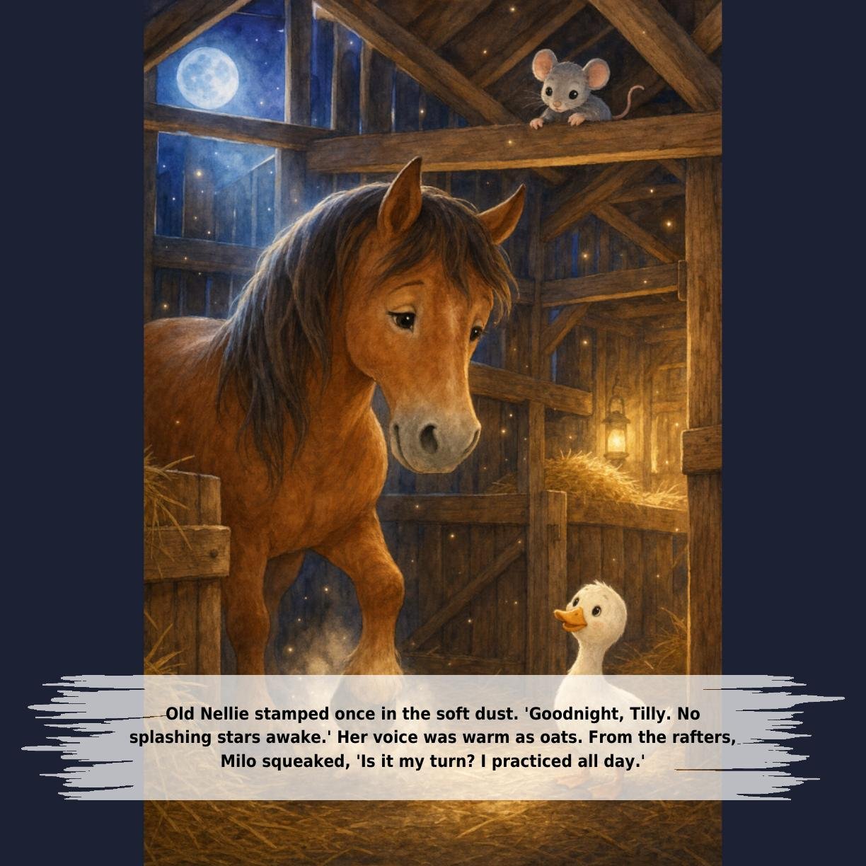 Old Nellie stamped once in the soft dust. 'Goodnight, Tilly. No
splashing stars awake.' Her voice was warm as oats. From the rafters,
Milo squeaked, 'Is it my turn? I practiced all day.'