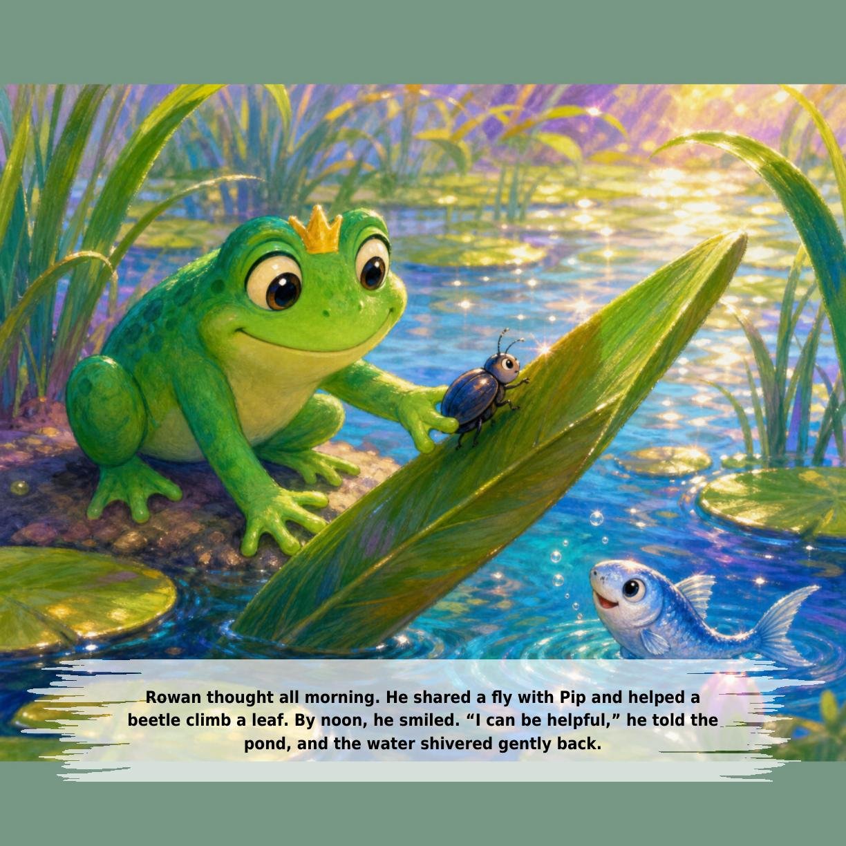 Rowan thought all morning. He shared a fly with Pip and helped a
beetle climb a leaf. By noon, he smiled. “I can be helpful,” he told the
pond, and the water shivered gently back.