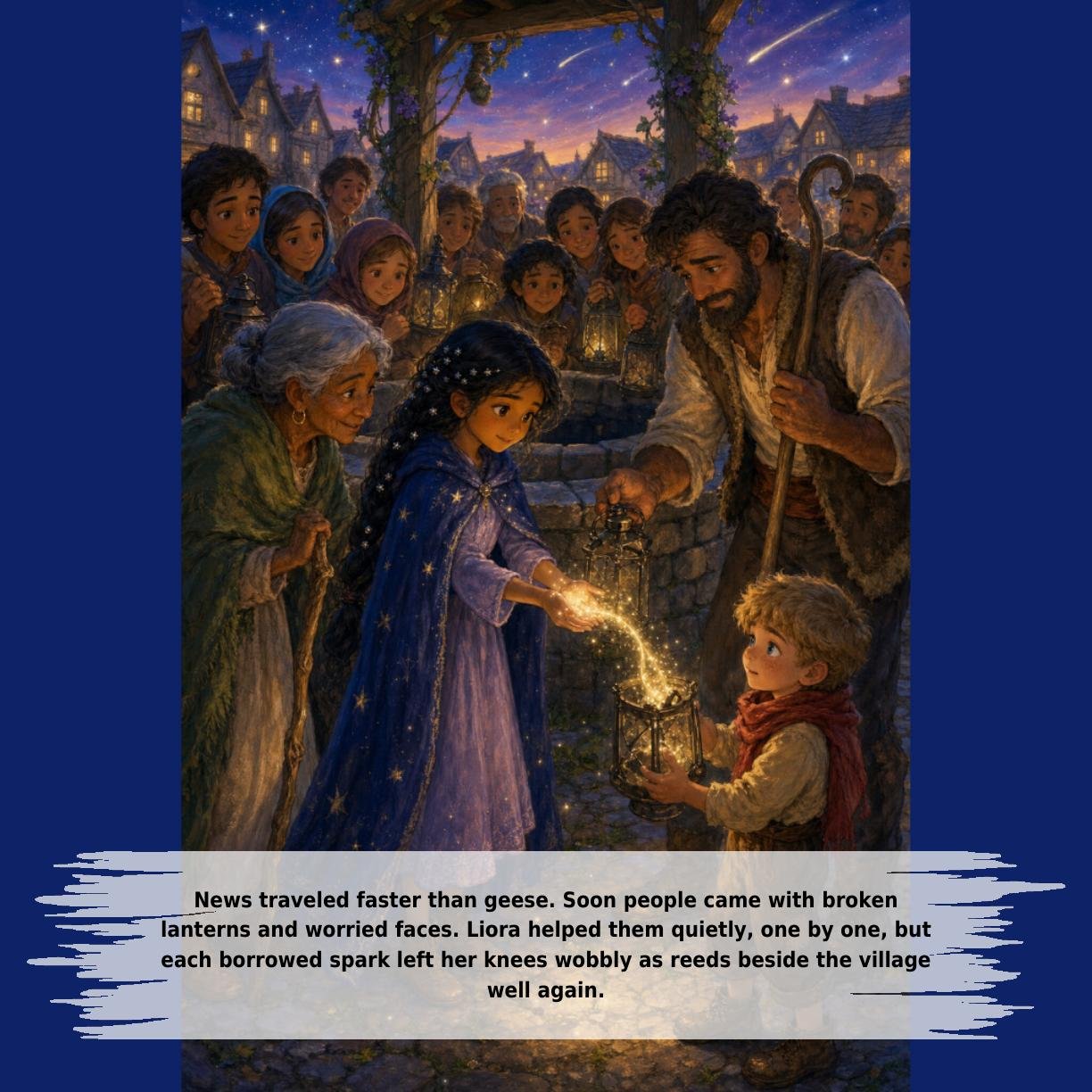 News traveled faster than geese. Soon people came with broken
lanterns and worried faces. Liora helped them quietly, one by one, but
each borrowed spark left her knees wobbly as reeds beside the village
well again.