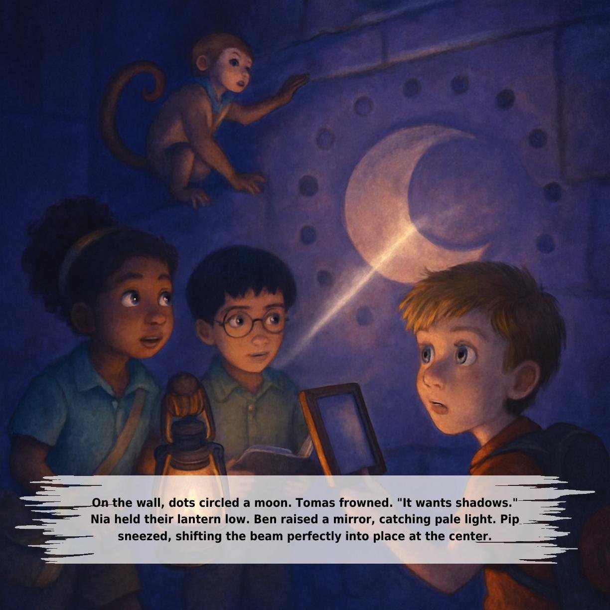On the wall, dots circled a moon. Tomas frowned. "It wants shadows."
Nia held their lantern low. Ben raised a mirror, catching pale light. Pip
sneezed, shifting the beam perfectly into place at the center.