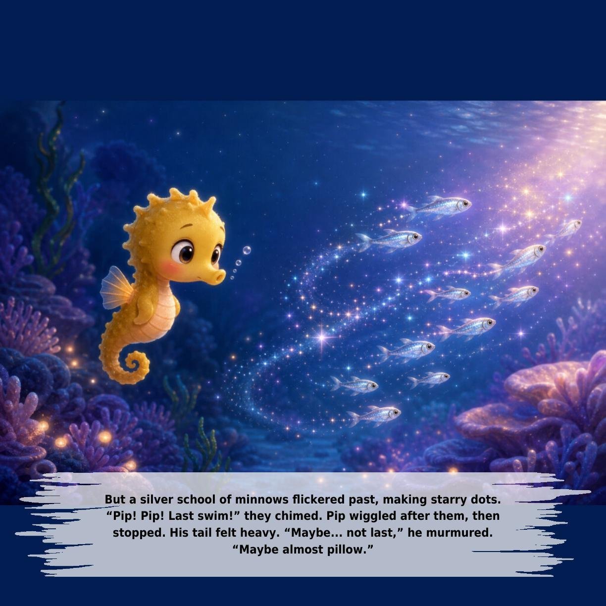 But a silver school of minnows flickered past, making starry dots.
“Pip! Pip! Last swim!” they chimed. Pip wiggled after them, then
stopped. His tail felt heavy. “Maybe... not last,” he murmured.
“Maybe almost pillow.”