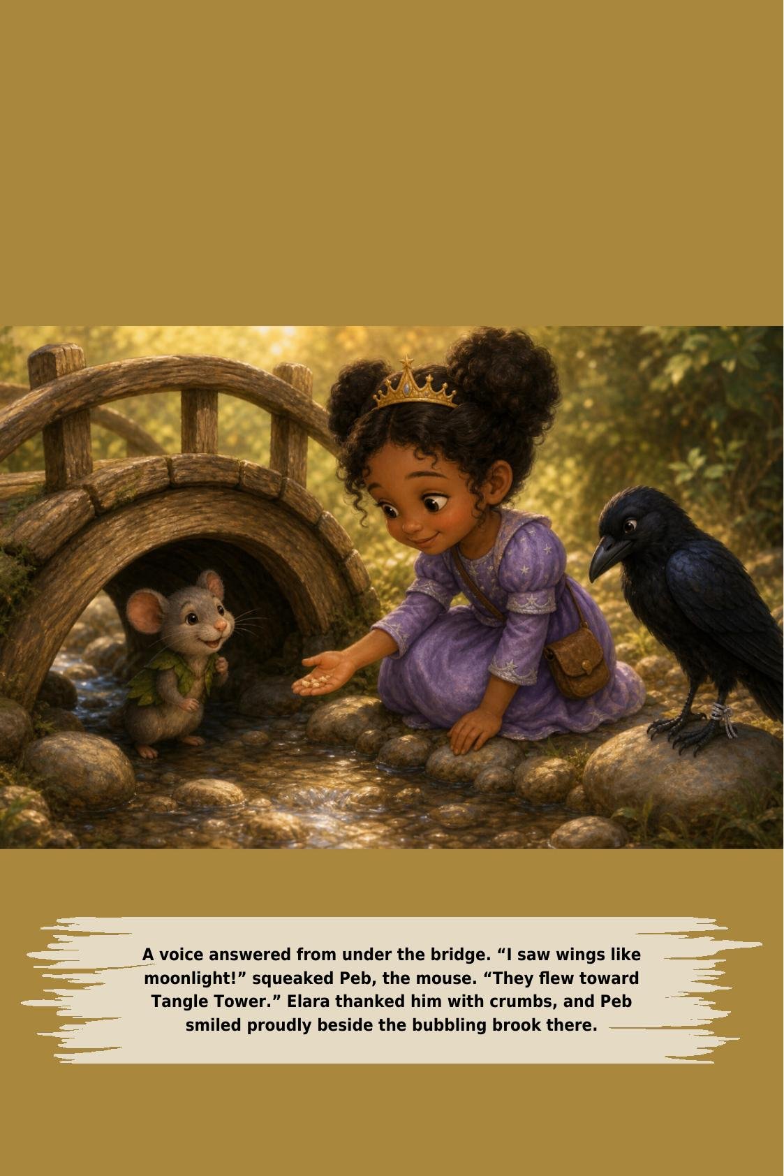 A voice answered from under the bridge. “I saw wings like
moonlight!” squeaked Peb, the mouse. “They flew toward
Tangle Tower.” Elara thanked him with crumbs, and Peb
smiled proudly beside the bubbling brook there.