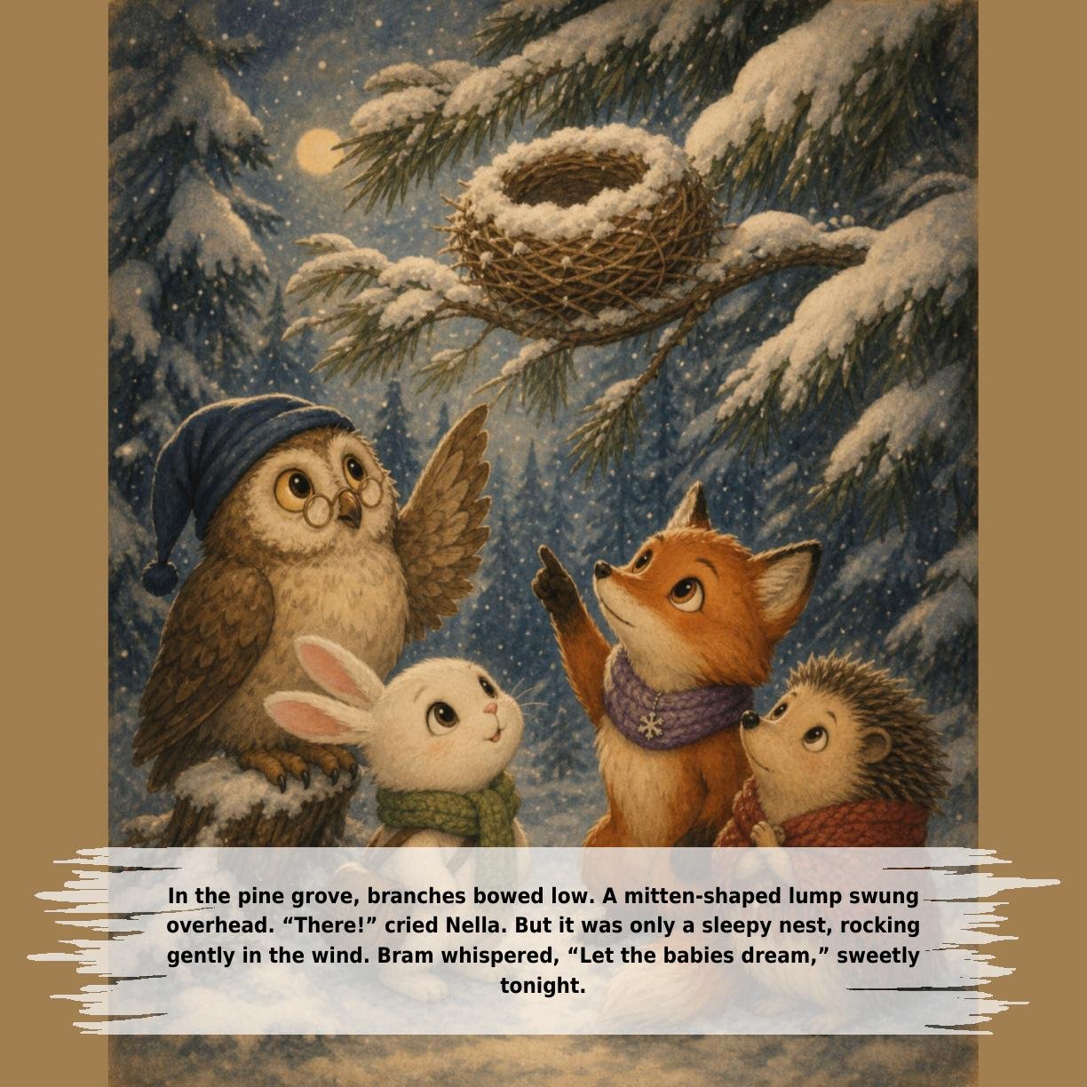 In the pine grove, branches bowed low. A mitten-shaped lump swung
overhead. “There!” cried Nella. But it was only a sleepy nest, rocking
gently in the wind. Bram whispered, “Let the babies dream,” sweetly
tonight.