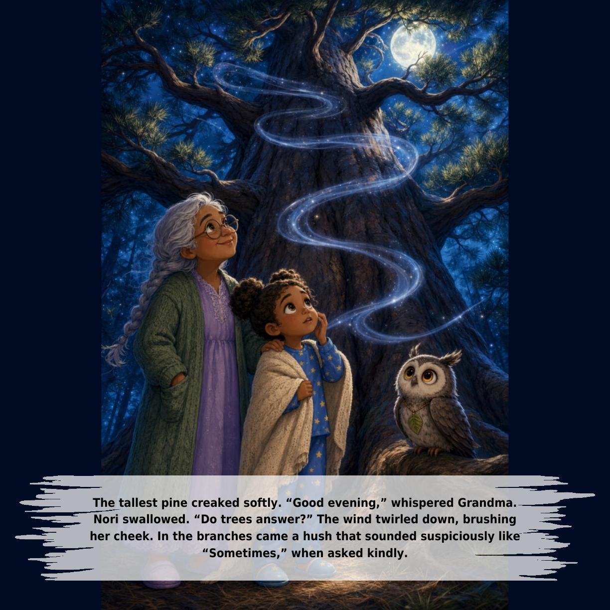 The tallest pine creaked softly. “Good evening,” whispered Grandma.
Nori swallowed. “Do trees answer?” The wind twirled down, brushing
her cheek. In the branches came a hush that sounded suspiciously like
“Sometimes,” when asked kindly.