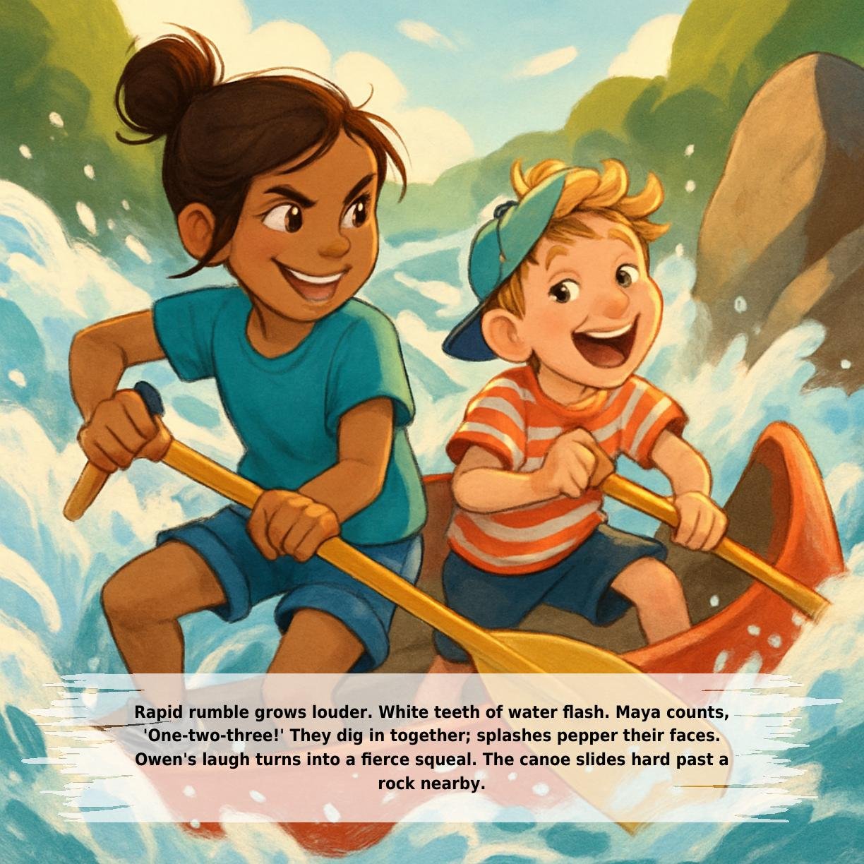 Rapid rumble grows louder. White teeth of water flash. Maya counts,
'One-two-three!' They dig in together; splashes pepper their faces.
Owen's laugh turns into a fierce squeal. The canoe slides hard past a
rock nearby.