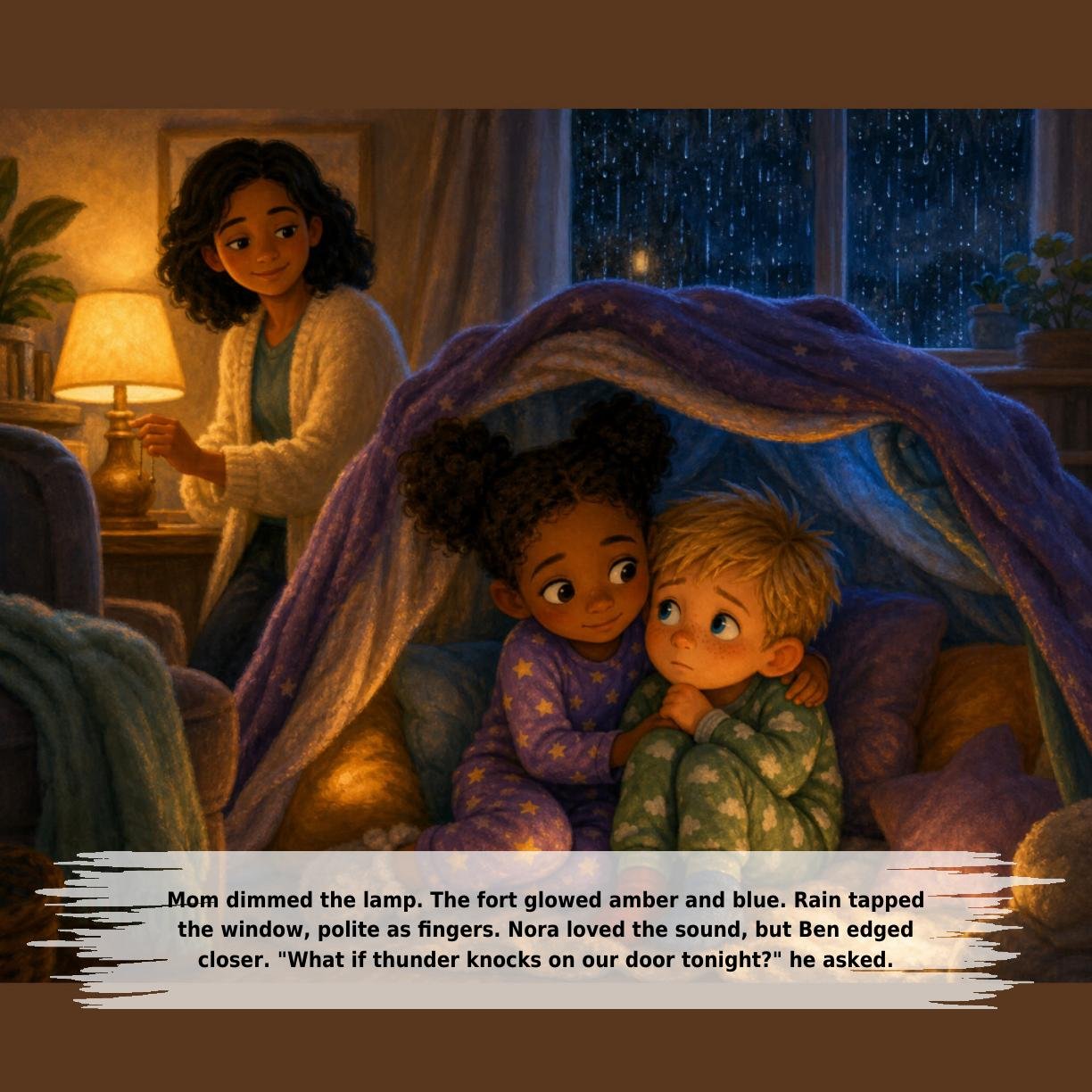 Mom dimmed the lamp. The fort glowed amber and blue. Rain tapped
the window, polite as fingers. Nora loved the sound, but Ben edged
closer. "What if thunder knocks on our door tonight?" he asked.