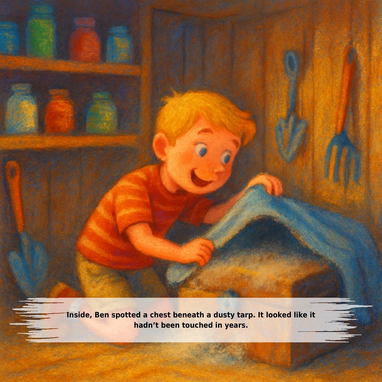 Inside, Ben spotted a chest beneath a dusty tarp. It looked like it
hadn’t been touched in years.