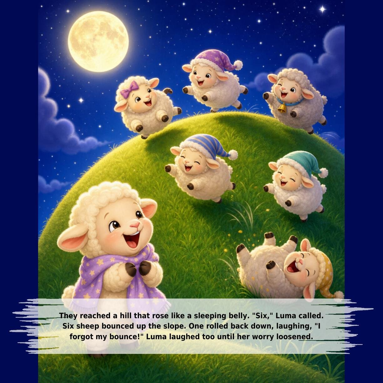 They reached a hill that rose like a sleeping belly. "Six," Luma called.
Six sheep bounced up the slope. One rolled back down, laughing, "I
forgot my bounce!" Luma laughed too until her worry loosened.