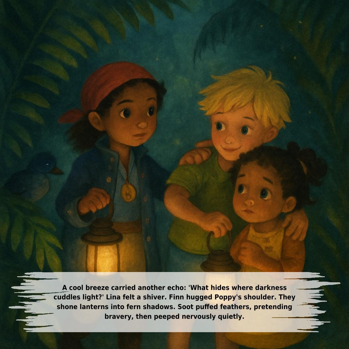 A cool breeze carried another echo: 'What hides where darkness
cuddles light?' Lina felt a shiver. Finn hugged Poppy's shoulder. They
shone lanterns into fern shadows. Soot puffed feathers, pretending
bravery, then peeped nervously quietly.