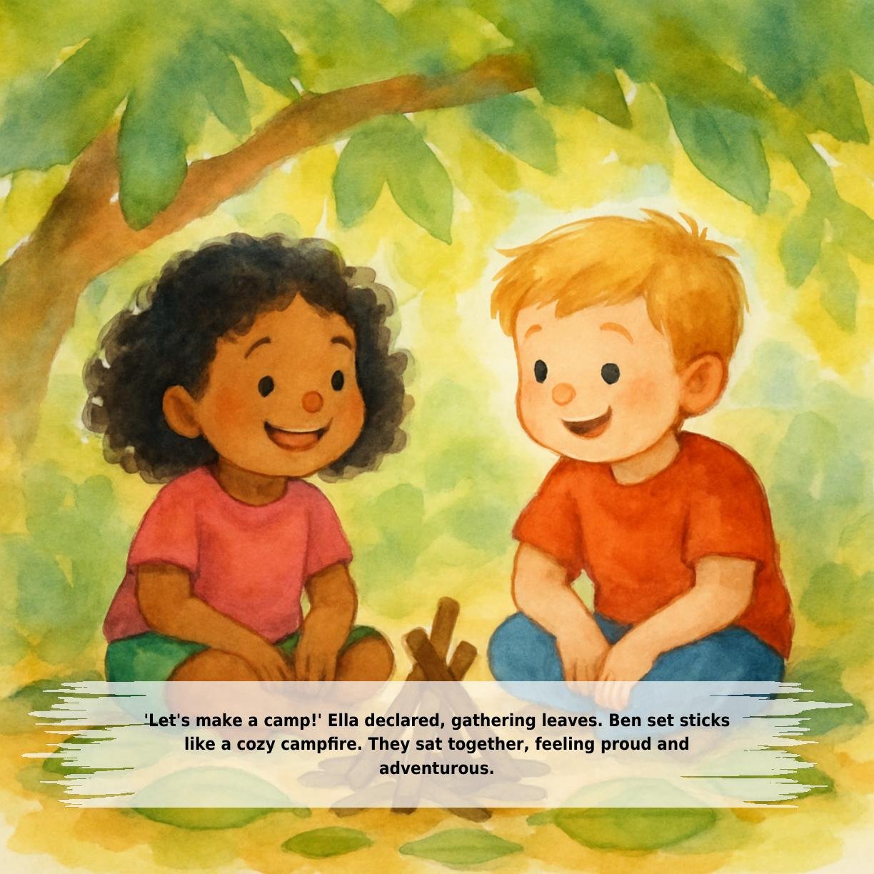 'Let's make a camp!' Ella declared, gathering leaves. Ben set sticks
like a cozy campfire. They sat together, feeling proud and
adventurous.