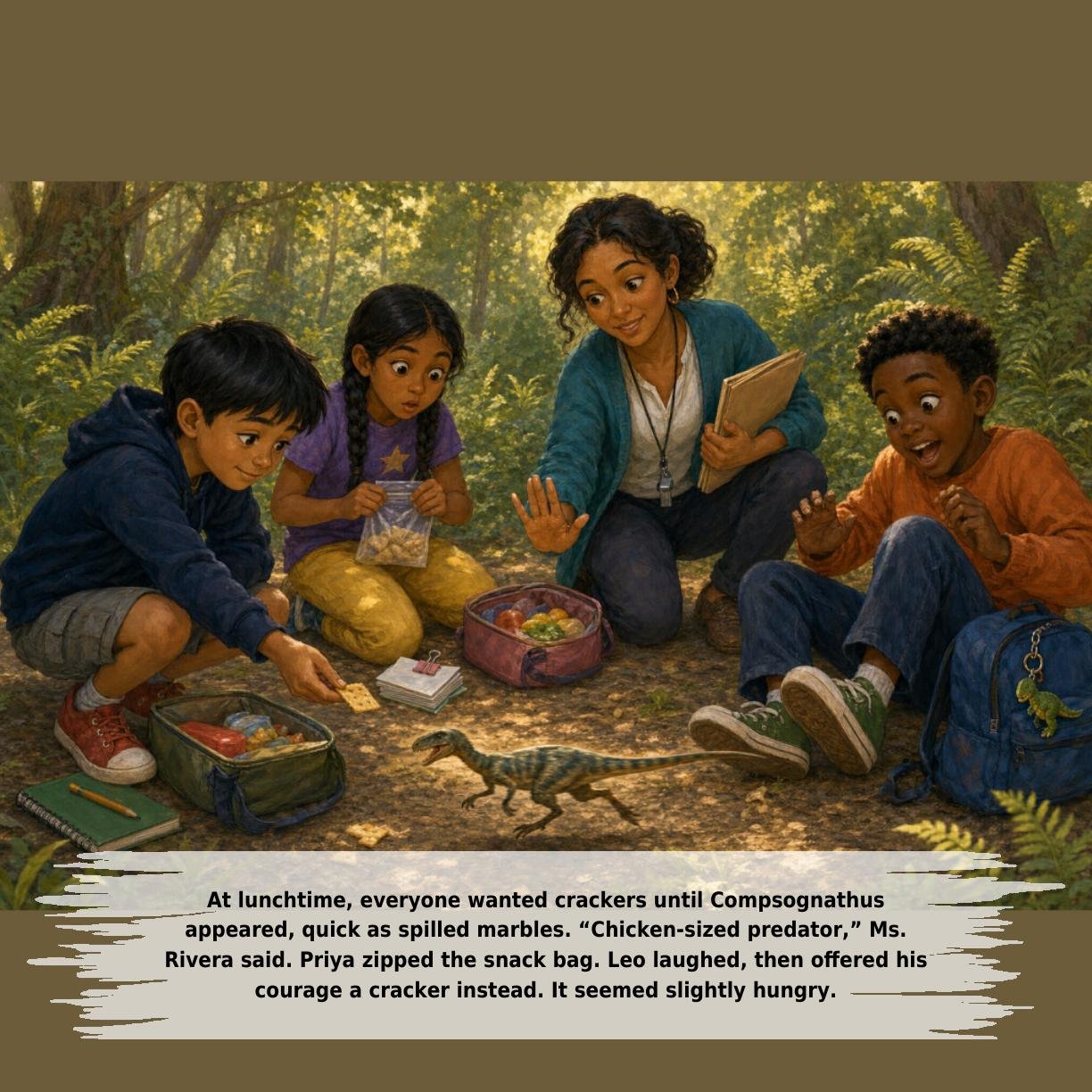 At lunchtime, everyone wanted crackers until Compsognathus
appeared, quick as spilled marbles. “Chicken-sized predator,” Ms.
Rivera said. Priya zipped the snack bag. Leo laughed, then offered his
courage a cracker instead. It seemed slightly hungry.