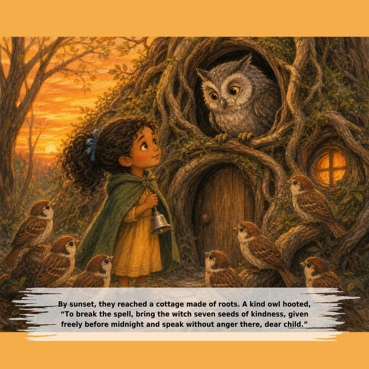 By sunset, they reached a cottage made of roots. A kind owl hooted,
“To break the spell, bring the witch seven seeds of kindness, given
freely before midnight and speak without anger there, dear child.”