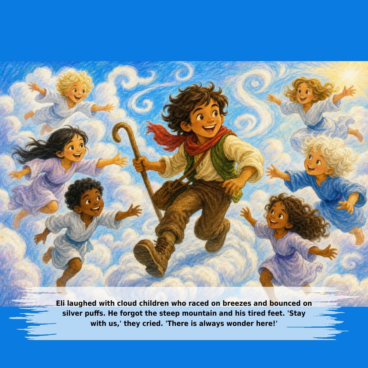 Eli laughed with cloud children who raced on breezes and bounced on
silver puffs. He forgot the steep mountain and his tired feet. 'Stay
with us,' they cried. 'There is always wonder here!'