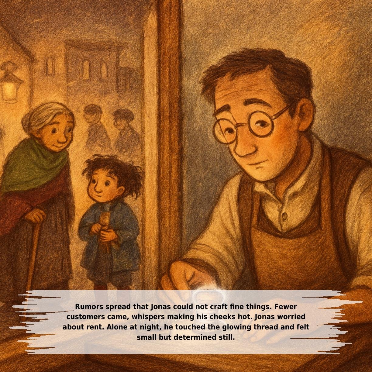 Rumors spread that Jonas could not craft fine things. Fewer
customers came, whispers making his cheeks hot. Jonas worried
about rent. Alone at night, he touched the glowing thread and felt
small but determined still.