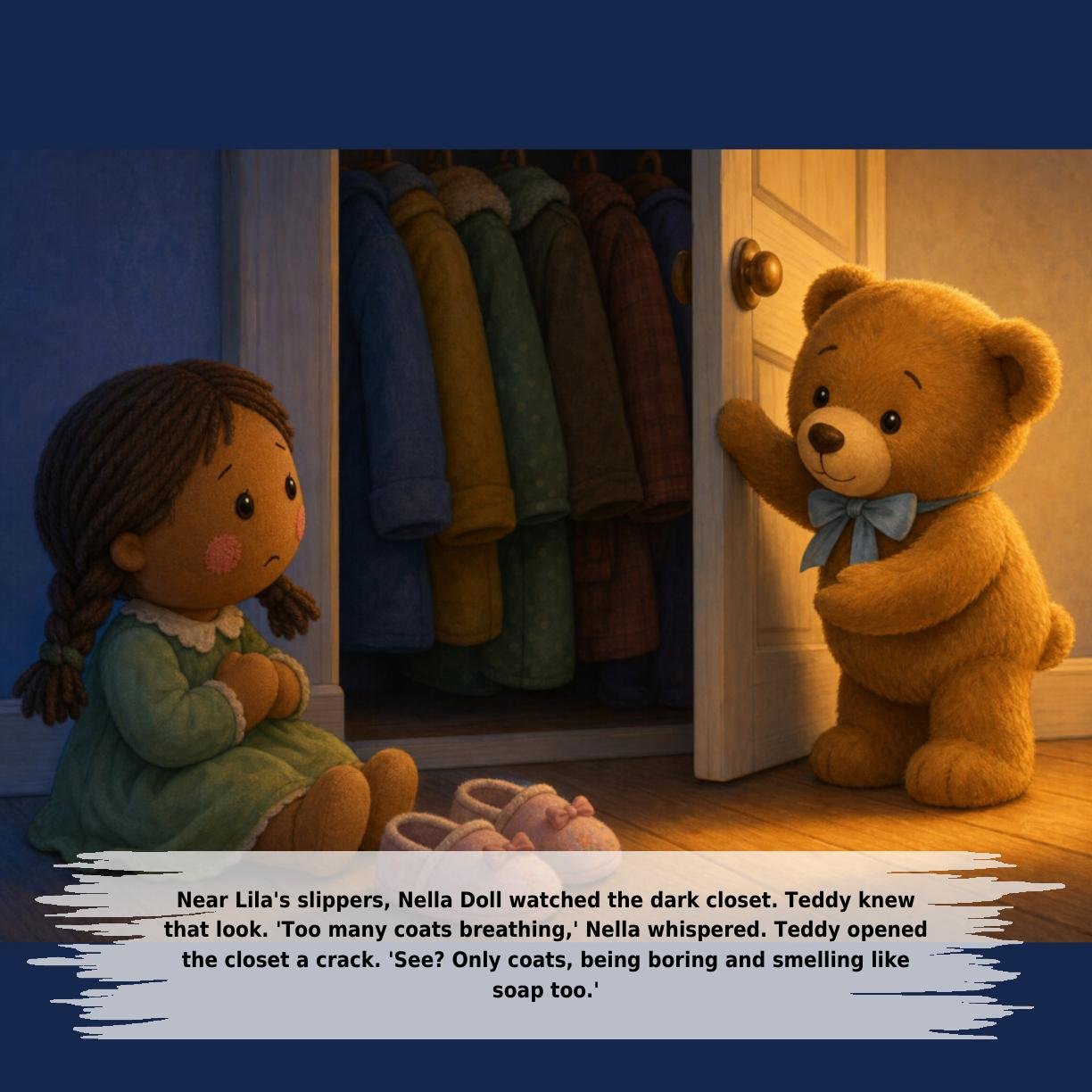 Near Lila's slippers, Nella Doll watched the dark closet. Teddy knew
that look. 'Too many coats breathing,' Nella whispered. Teddy opened
the closet a crack. 'See? Only coats, being boring and smelling like
soap too.'