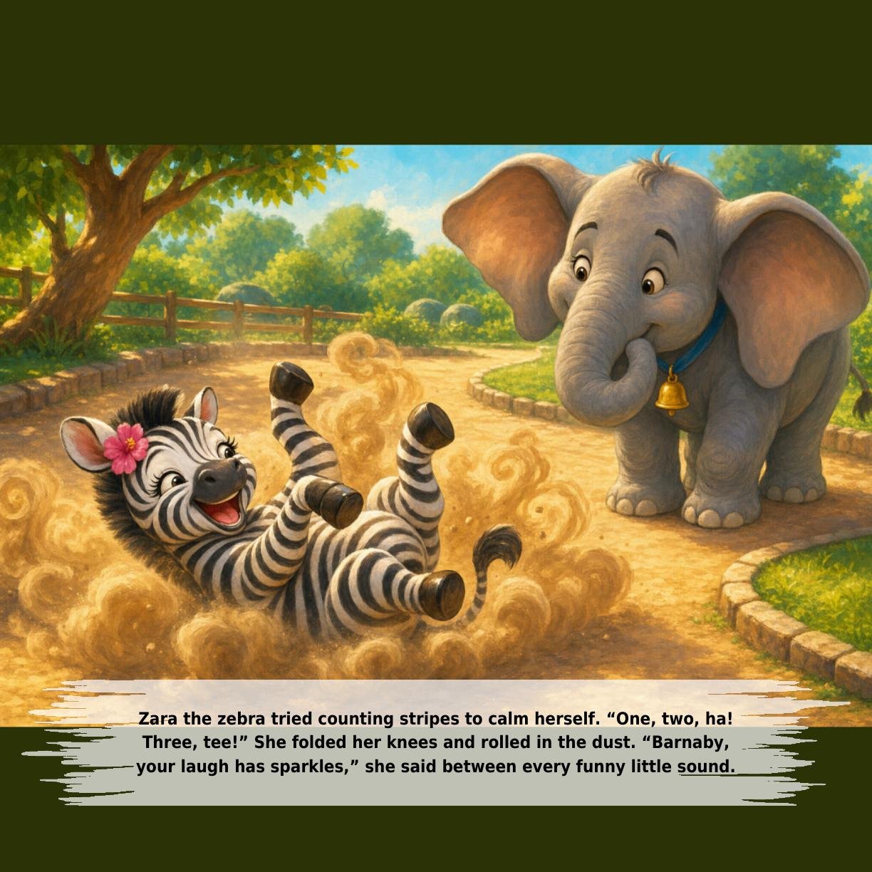 Zara the zebra tried counting stripes to calm herself. “One, two, ha!
Three, tee!” She folded her knees and rolled in the dust. “Barnaby,
your laugh has sparkles,” she said between every funny little sound.