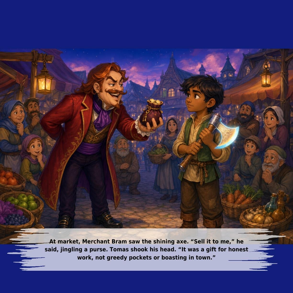 At market, Merchant Bram saw the shining axe. “Sell it to me,” he
said, jingling a purse. Tomas shook his head. “It was a gift for honest
work, not greedy pockets or boasting in town.”