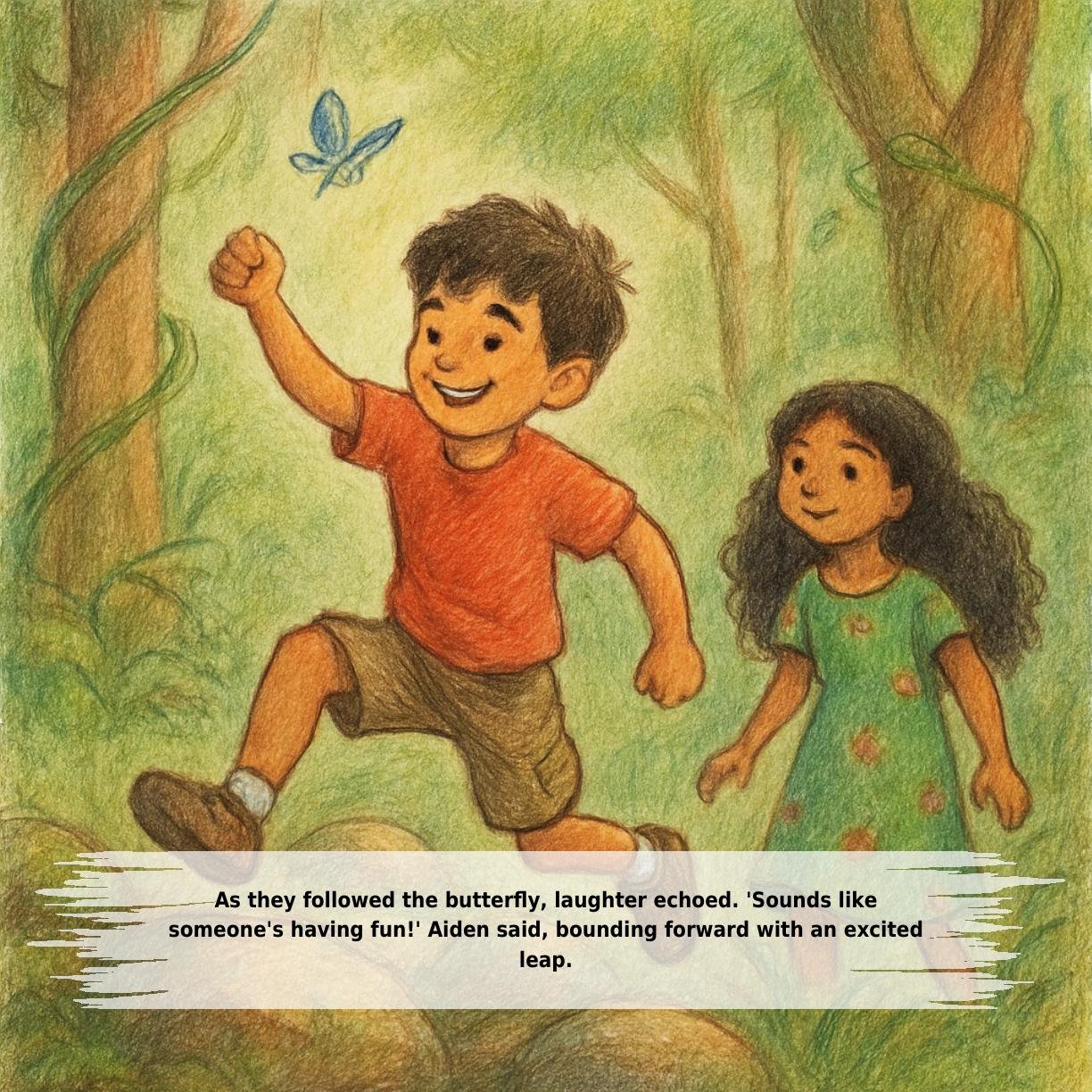 As they followed the butterfly, laughter echoed. 'Sounds like
someone's having fun!' Aiden said, bounding forward with an excited
leap.