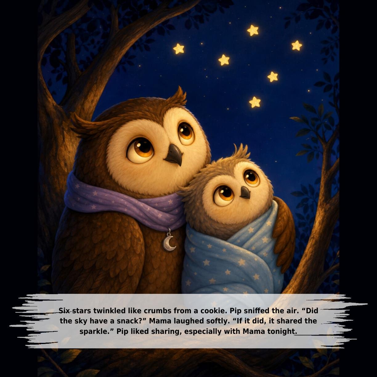 Six stars twinkled like crumbs from a cookie. Pip sniffed the air. “Did
the sky have a snack?” Mama laughed softly. “If it did, it shared the
sparkle.” Pip liked sharing, especially with Mama tonight.