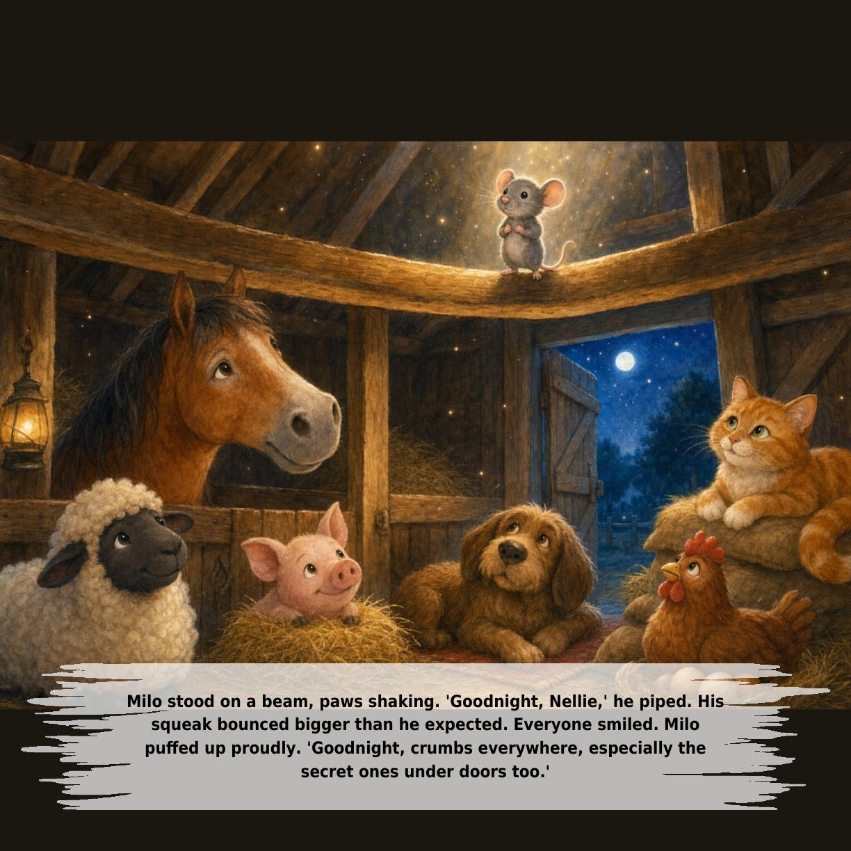 Milo stood on a beam, paws shaking. 'Goodnight, Nellie,' he piped. His
squeak bounced bigger than he expected. Everyone smiled. Milo
puffed up proudly. 'Goodnight, crumbs everywhere, especially the
secret ones under doors too.'