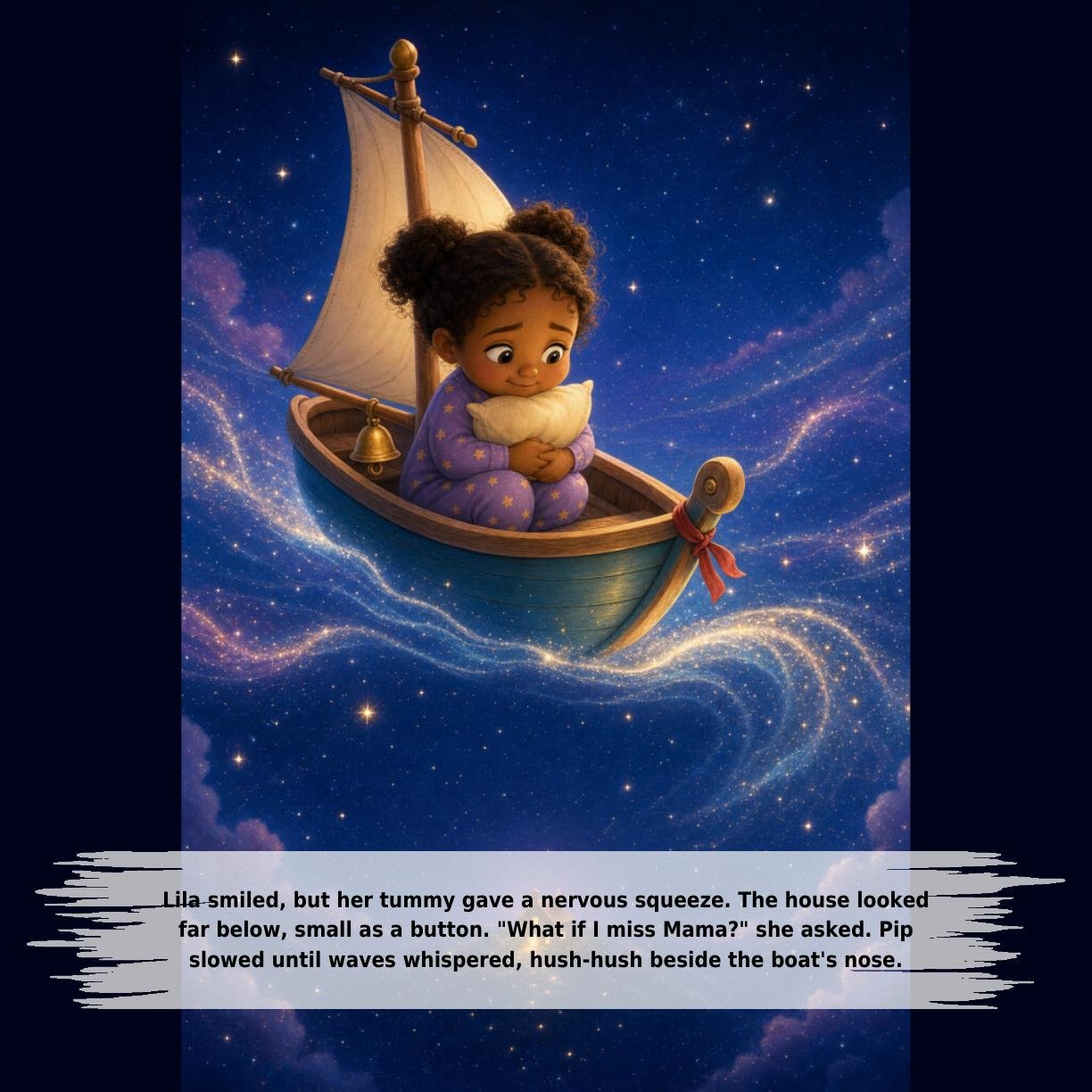 Lila smiled, but her tummy gave a nervous squeeze. The house looked
far below, small as a button. "What if I miss Mama?" she asked. Pip
slowed until waves whispered, hush-hush beside the boat's nose.