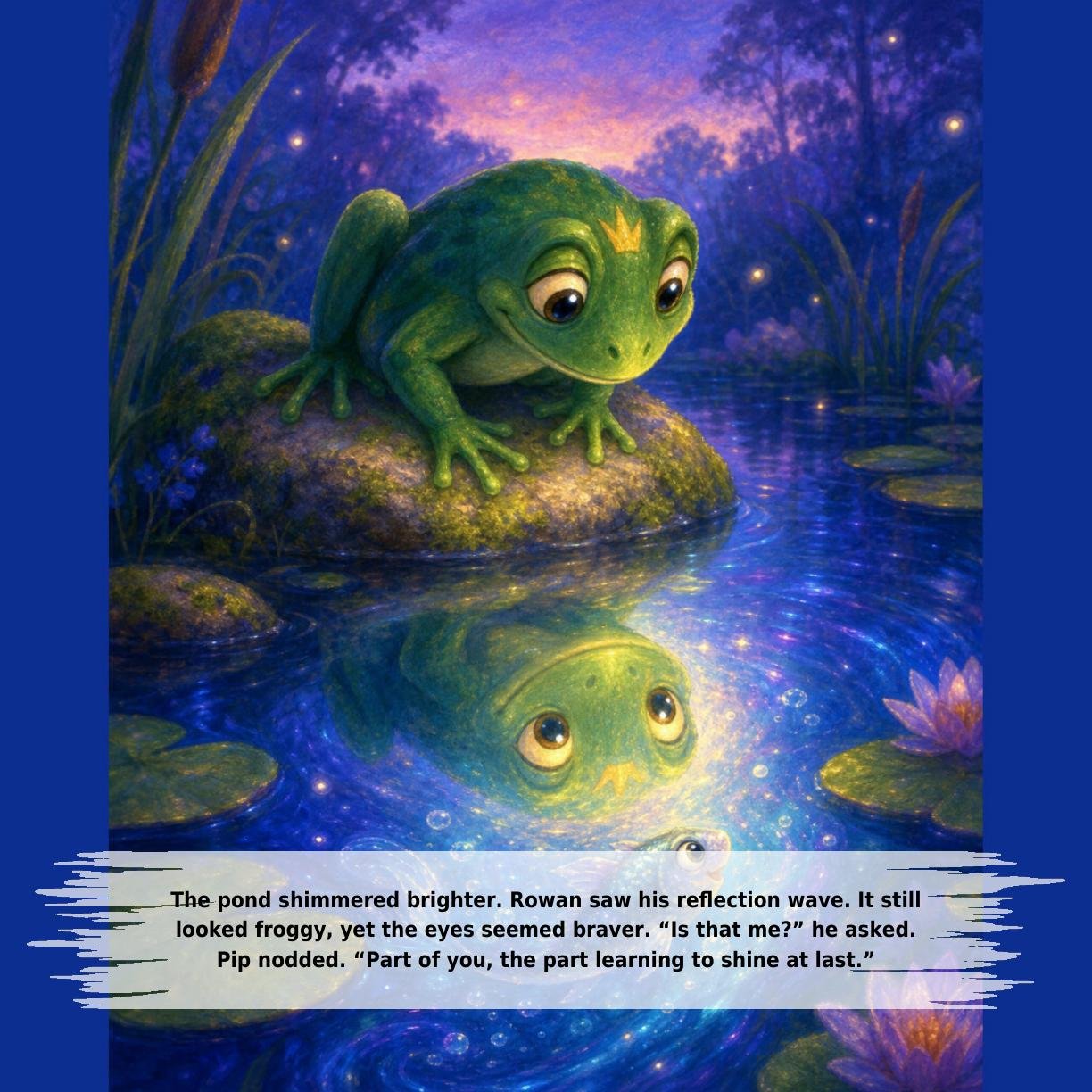 The pond shimmered brighter. Rowan saw his reflection wave. It still
looked froggy, yet the eyes seemed braver. “Is that me?” he asked.
Pip nodded. “Part of you, the part learning to shine at last.”