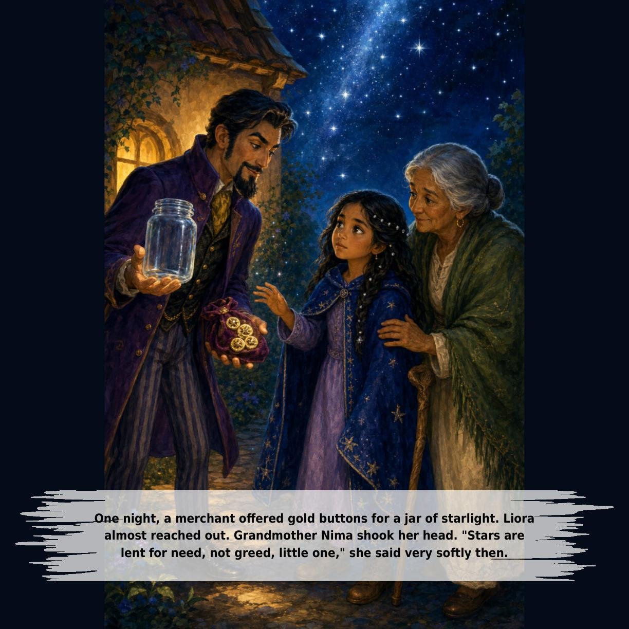 One night, a merchant offered gold buttons for a jar of starlight. Liora
almost reached out. Grandmother Nima shook her head. "Stars are
lent for need, not greed, little one," she said very softly then.