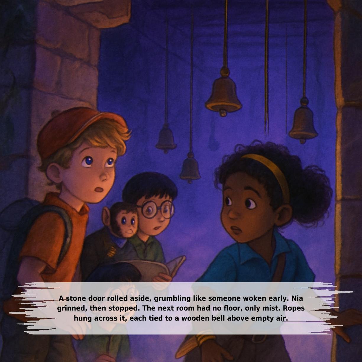 A stone door rolled aside, grumbling like someone woken early. Nia
grinned, then stopped. The next room had no floor, only mist. Ropes
hung across it, each tied to a wooden bell above empty air.