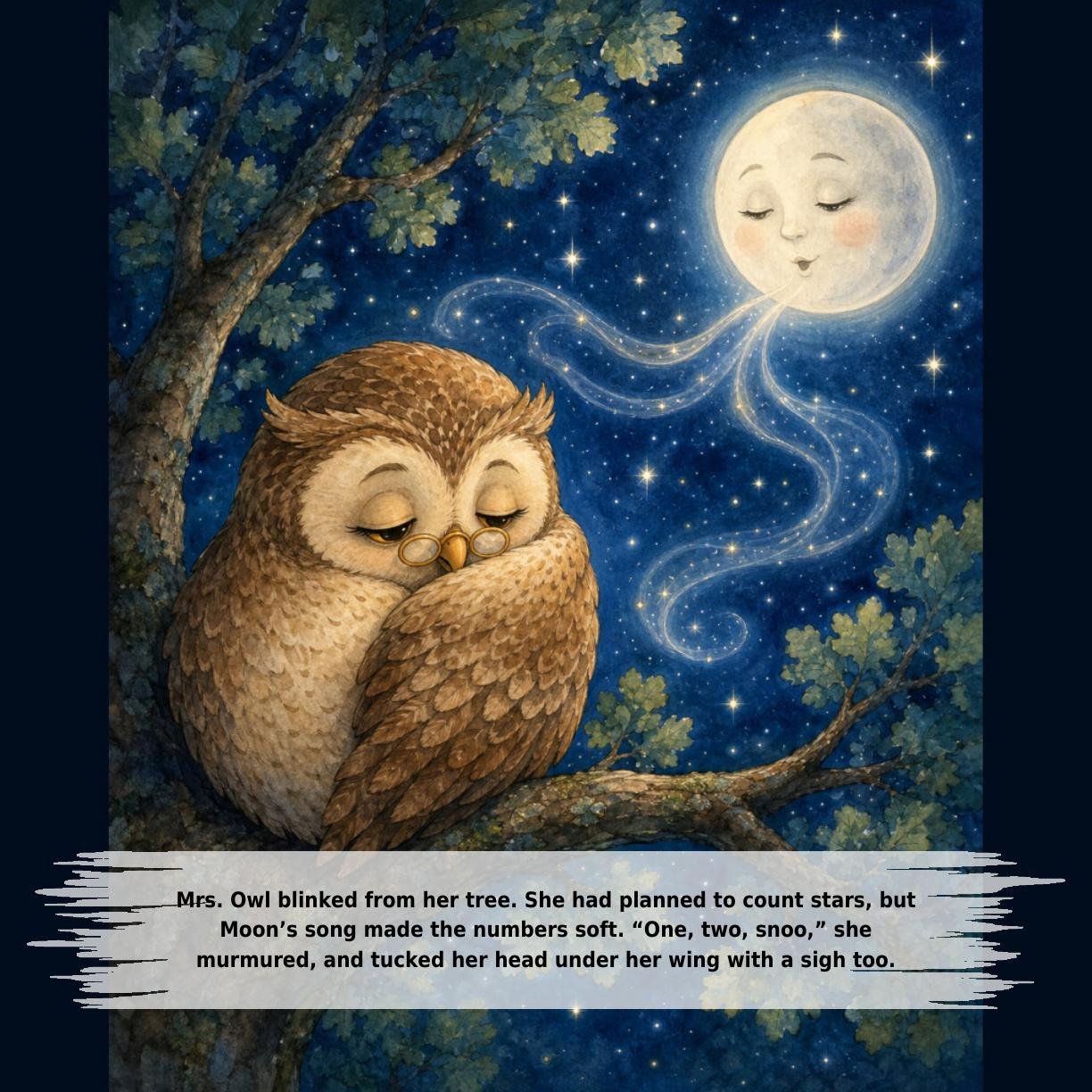 Mrs. Owl blinked from her tree. She had planned to count stars, but
Moon’s song made the numbers soft. “One, two, snoo,” she
murmured, and tucked her head under her wing with a sigh too.
