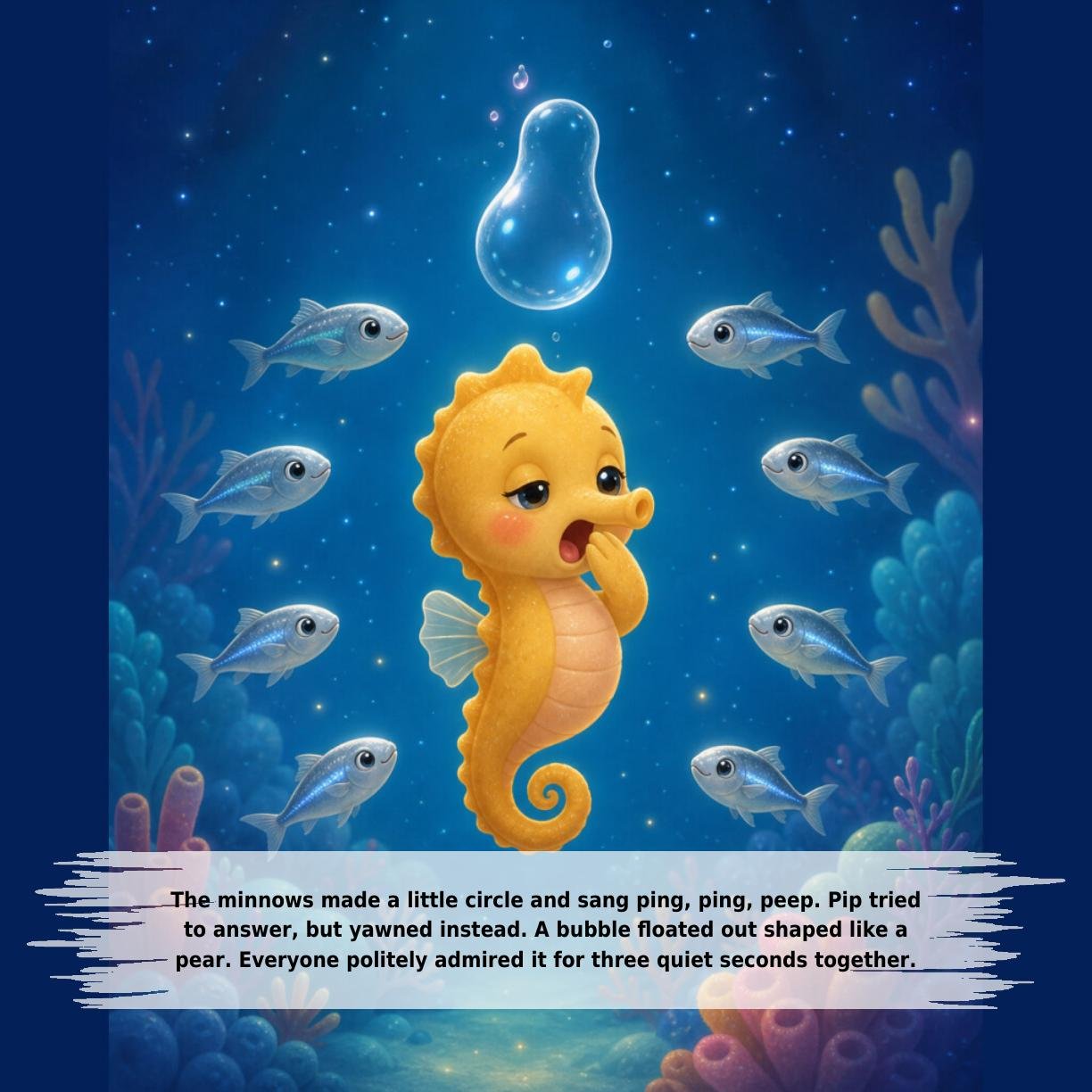 The minnows made a little circle and sang ping, ping, peep. Pip tried
to answer, but yawned instead. A bubble floated out shaped like a
pear. Everyone politely admired it for three quiet seconds together.
